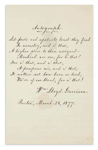 (SLAVERY AND ABOLITION.) WILLIAM LLOYD GARRISON. Two items, each Signed, Wm. Lloyd Garrison: Autograph Manuscript * Au...